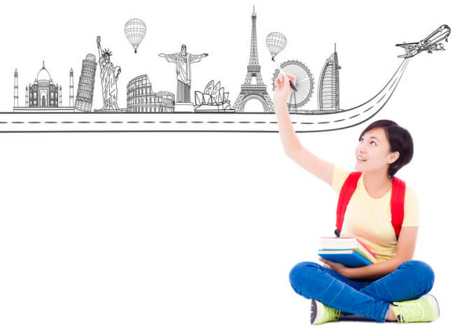 young student girl drawing a travel trip landmark