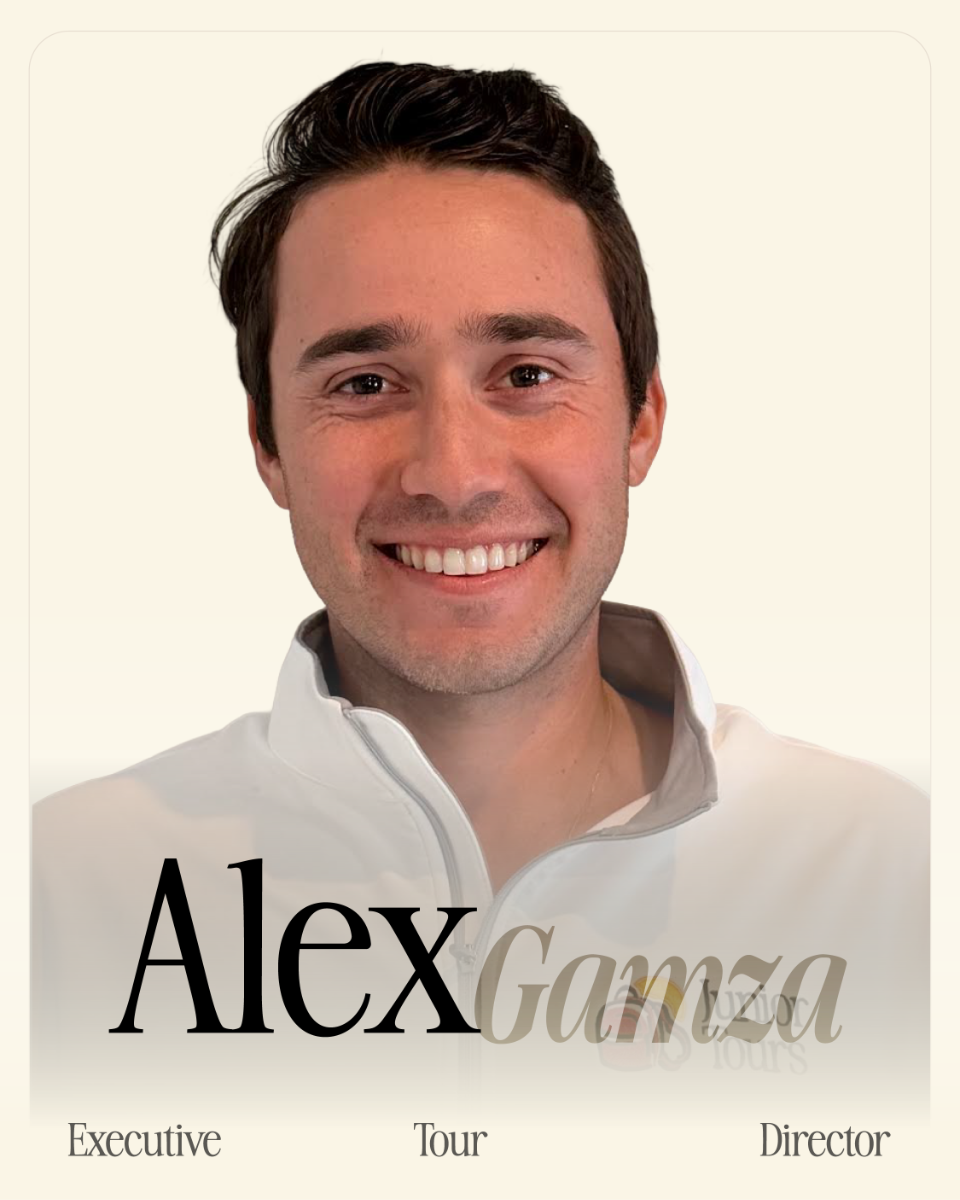 Portrait of Alex Gamza smiling in a white zip-up jacket; overlay text reads 'Alex Gamza' with 'Executive Tour Director'.